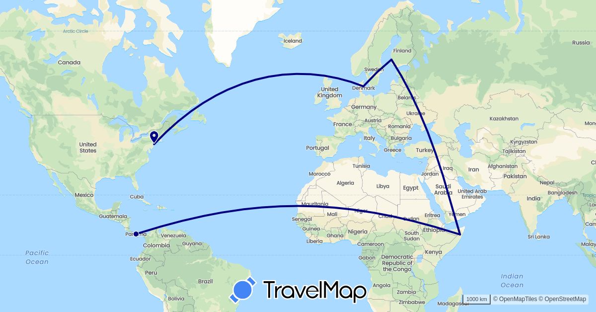 TravelMap itinerary: driving in Denmark, Finland, Panama, Somalia, United States (Africa, Europe, North America)